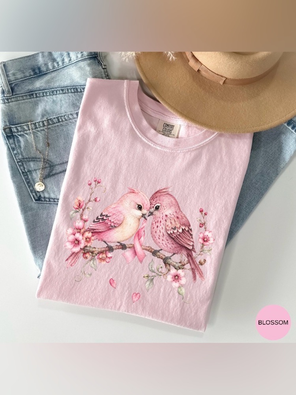 Comfort Colors Breast Cancer Awareness T-Shirt, Cherry Blossom Birds Graphic Tee